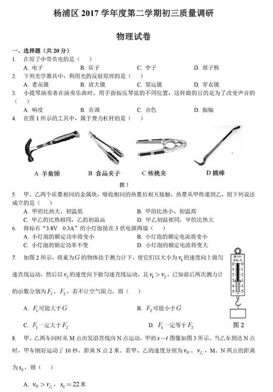 搶先看！2018楊浦區(qū)二模物理卷解析（含答案）